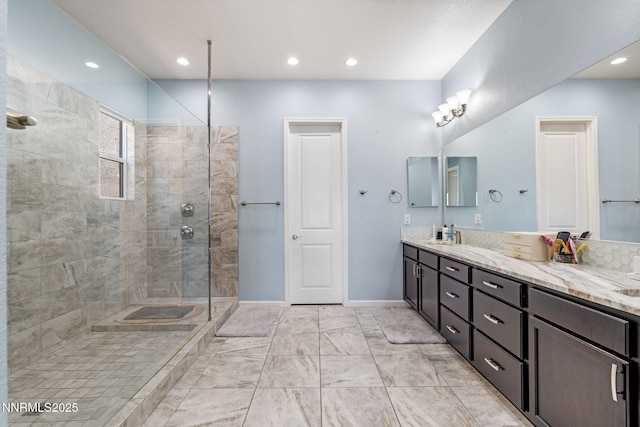 9435 Stony Hill Rd, Reno, NV 89521 - full bathroom featuring double vanity, tiled shower, and recessed lighting