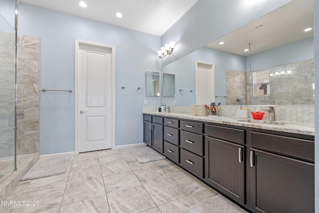 9435 Stony Hill Rd, Reno, NV 89521 - bathroom with double vanity, a walk in shower, and recessed lighting