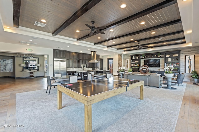 9435 Stony Hill Rd, Reno, NV 89521 - living area featuring ceiling fan, light wood finished floors, a wood ceiling with exposed beams, and recessed lighting