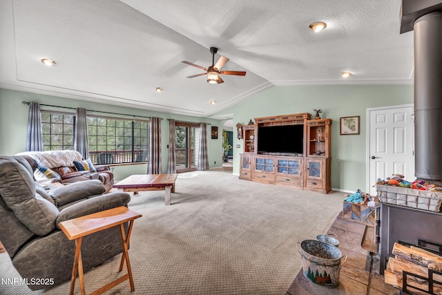 3279 Upland Ct, Carson City, NV 89703 - living area with a ceiling fan, lofted ceiling, and carpet flooring