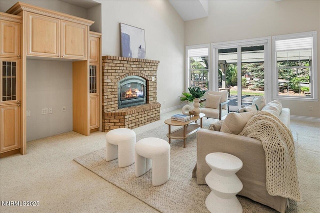 4990 Mountainshyre Rd, Reno, NV 89519 - living room featuring light carpet, a brick fireplace, and high vaulted ceiling