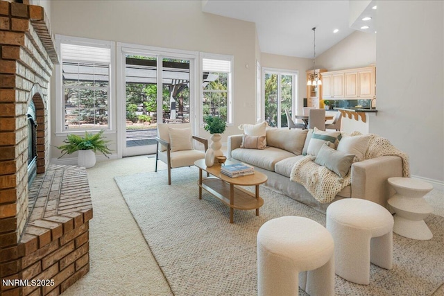 4990 Mountainshyre Rd, Reno, NV 89519 - living room with carpet floors, recessed lighting, a chandelier, and high vaulted ceiling