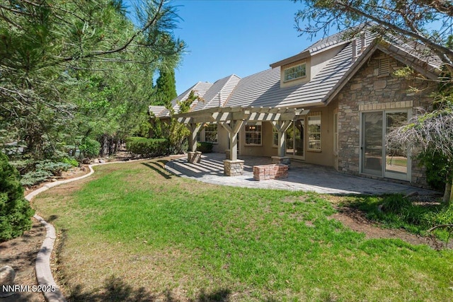 4990 Mountainshyre Rd, Reno, NV 89519 - back of property featuring stone siding, a pergola, a patio, a yard, and stucco siding