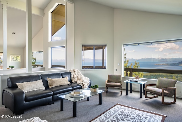 1459 Glarus Ct, Incline Village, NV 89451 - living area featuring high vaulted ceiling, carpet flooring, healthy amount of natural light, and a water view