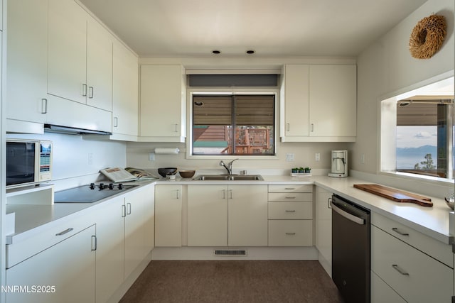 1459 Glarus Ct, Incline Village, NV 89451 - kitchen featuring dishwasher, light countertops, black electric stovetop, ventilation hood, and white cabinetry