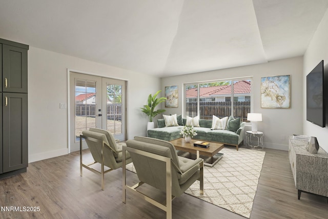 684 Carson River Dr, Fallon, NV 89406 - living room featuring wood finished floors, french doors, and vaulted ceiling
