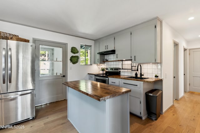 299 Chimney Rock Rd, Stateline, NV 89449 - kitchen featuring appliances with stainless steel finishes, butcher block counters, under cabinet range hood, light wood-style flooring, and recessed lighting
