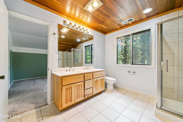 299 Chimney Rock Rd, Stateline, NV 89449 - bathroom with wooden ceiling, tile patterned floors, double vanity, a shower stall, and lofted ceiling
