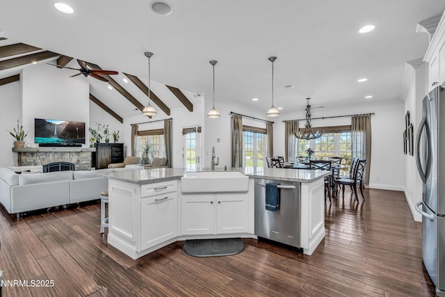 600 Artemesia Ln, Gardnerville, NV 89460 - kitchen with appliances with stainless steel finishes, recessed lighting, open floor plan, ceiling fan, and dark wood-style flooring