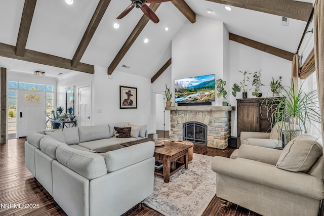 600 Artemesia Ln, Gardnerville, NV 89460 - living area with recessed lighting, beam ceiling, ceiling fan, wood finished floors, and a stone fireplace