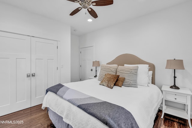 600 Artemesia Ln, Gardnerville, NV 89460 - bedroom with wood finished floors, recessed lighting, ceiling fan, and a closet