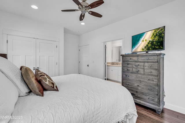 600 Artemesia Ln, Gardnerville, NV 89460 - bedroom featuring wood finished floors, a closet, recessed lighting, a ceiling fan, and ensuite bathroom