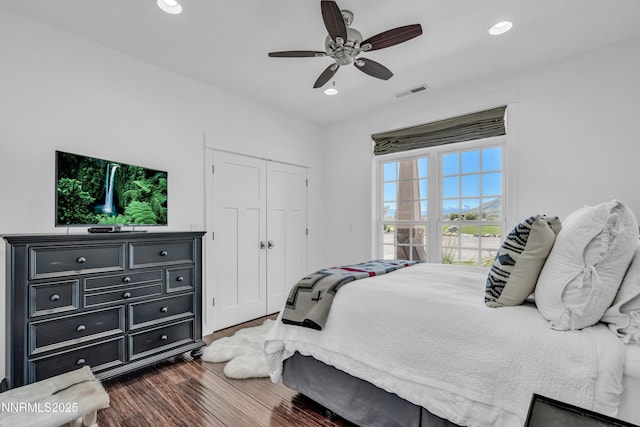 600 Artemesia Ln, Gardnerville, NV 89460 - bedroom with dark wood-type flooring, recessed lighting, ceiling fan, and a closet