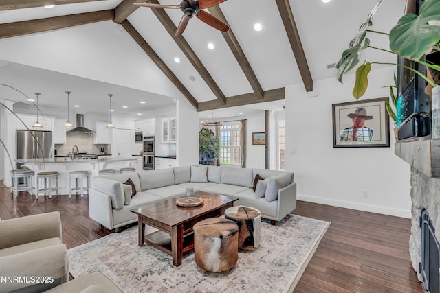 600 Artemesia Ln, Gardnerville, NV 89460 - living room featuring ceiling fan, beam ceiling, recessed lighting, dark wood-style floors, and high vaulted ceiling