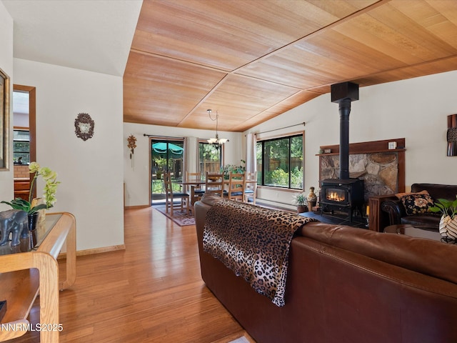 139 Rosewood Cir, Stateline, NV 89449 - living room featuring a wood stove, light wood-type flooring, lofted ceiling, wood ceiling, and a chandelier