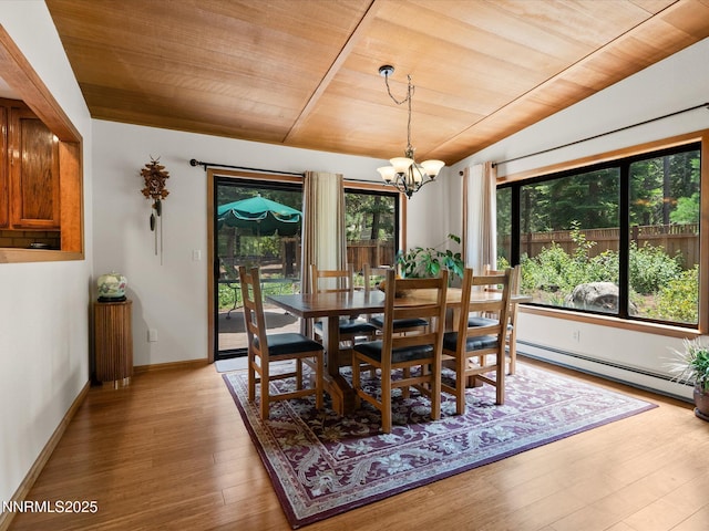 139 Rosewood Cir, Stateline, NV 89449 - dining room with a baseboard radiator, wood ceiling, a chandelier, and light wood-style flooring