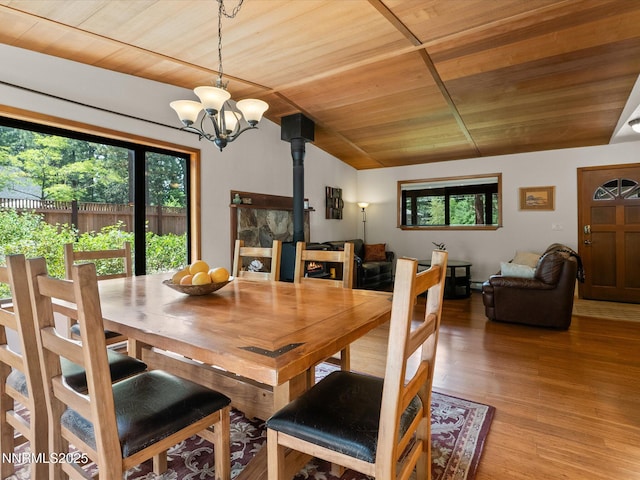 139 Rosewood Cir, Stateline, NV 89449 - dining room with wooden ceiling, a wood stove, a chandelier, light wood-type flooring, and lofted ceiling