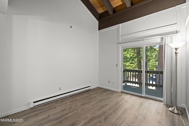 807 Alder Ave Unit 14, Incline Village, NV 89451 - empty room with baseboard heating, a wooden ceiling with exposed beams, and wood finished floors