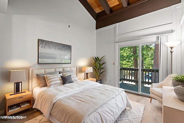 807 Alder Ave Unit 14, Incline Village, NV 89451 - bedroom featuring a wood ceiling with exposed beams, wood finished floors, access to exterior, and high vaulted ceiling