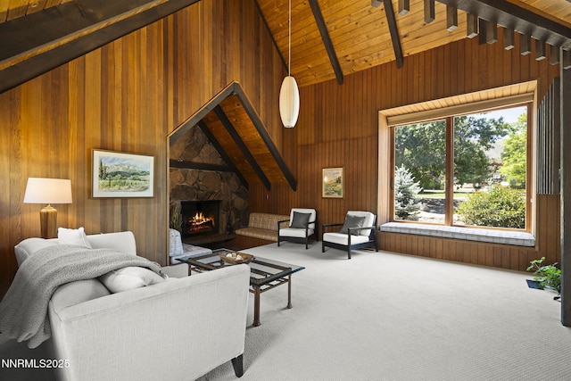 4275 Juniper Creek Rd, Reno, NV 89519 - living area with wood walls, carpet floors, a fireplace, and wood ceiling