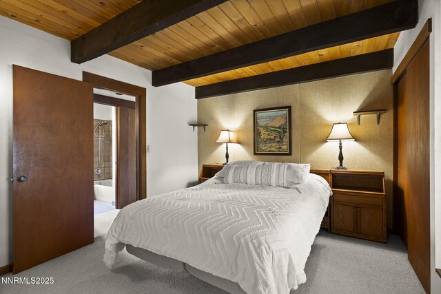 4275 Juniper Creek Rd, Reno, NV 89519 - bedroom featuring light carpet, a wood ceiling with exposed beams, and ensuite bath