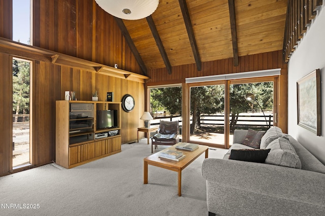 4275 Juniper Creek Rd, Reno, NV 89519 - living area with a wooden ceiling with exposed beams, healthy amount of natural light, high vaulted ceiling, carpet floors, and wood walls