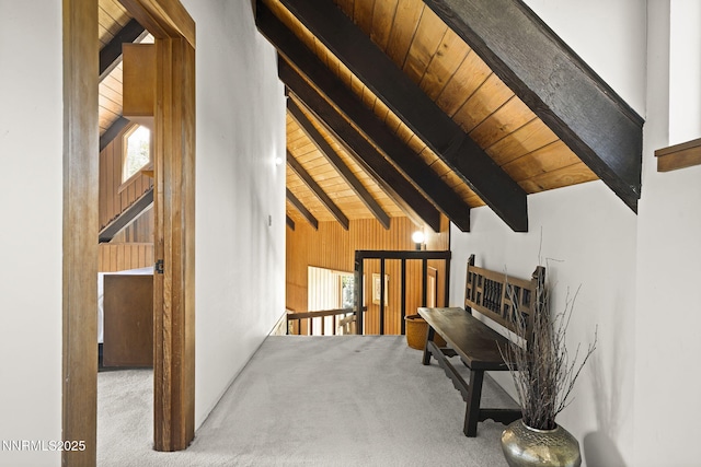 4275 Juniper Creek Rd, Reno, NV 89519 - hallway featuring carpet floors, healthy amount of natural light, wood ceiling, and wooden walls