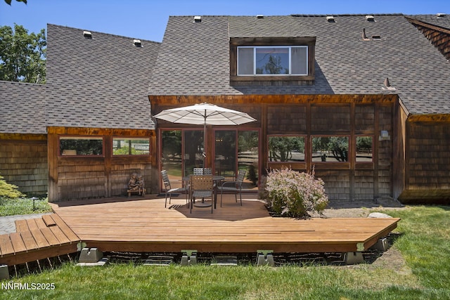 4275 Juniper Creek Rd, Reno, NV 89519 - rear view of property with a deck, a shingled roof, and outdoor dining space