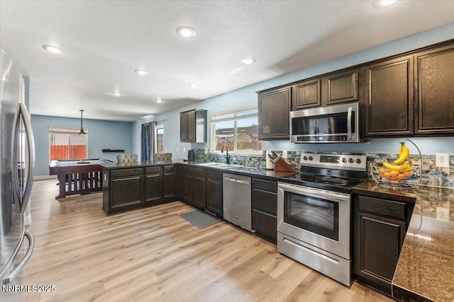 18324 Dustin Ct, Reno, NV 89508 - kitchen featuring stainless steel appliances, dark brown cabinetry, healthy amount of natural light, light wood-style flooring, and a textured ceiling