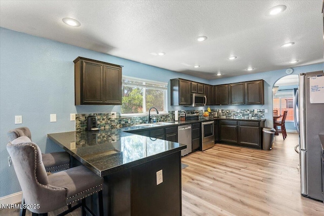 18324 Dustin Ct, Reno, NV 89508 - kitchen with stainless steel appliances, dark brown cabinetry, a peninsula, light wood-style flooring, and a textured ceiling