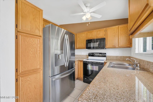 5476 Cabin Ct, Sun Valley, NV 89433 - kitchen featuring stainless steel fridge with ice dispenser, black microwave, electric range, light tile patterned flooring, and a ceiling fan