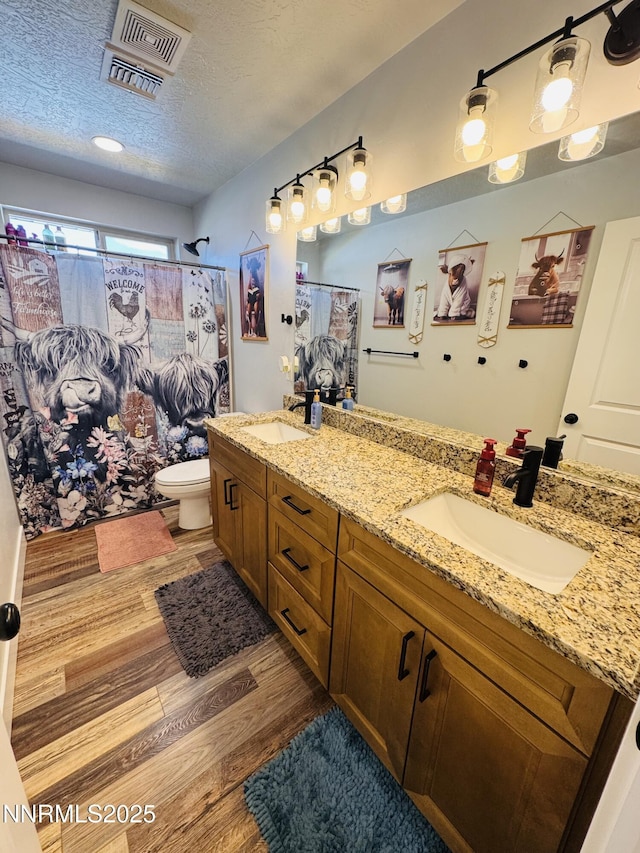 5290 Marla Dr, Winnemucca, NV 89445 - full bathroom with a shower with curtain, double vanity, wood finished floors, and a textured ceiling