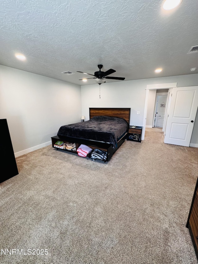5290 Marla Dr, Winnemucca, NV 89445 - bedroom featuring carpet floors, recessed lighting, a textured ceiling, and a ceiling fan