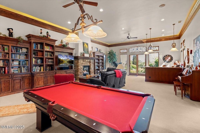 1555 Boulder Field Way, Reno, NV 89511 - game room with a ceiling fan, carpet, ornamental molding, billiards table, and a fireplace