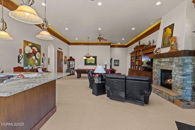 1555 Boulder Field Way, Reno, NV 89511 - living area featuring light carpet, arched walkways, a ceiling fan, crown molding, and billiards table