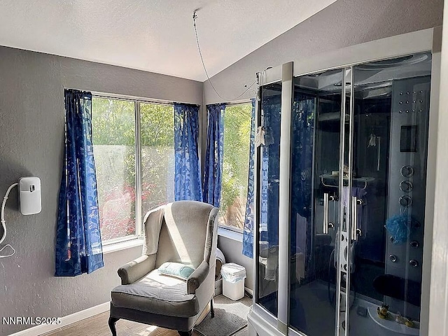 6673 Enchanted Valley Dr, Reno, NV 89523 - sitting room with a textured wall, lofted ceiling, and wood finished floors