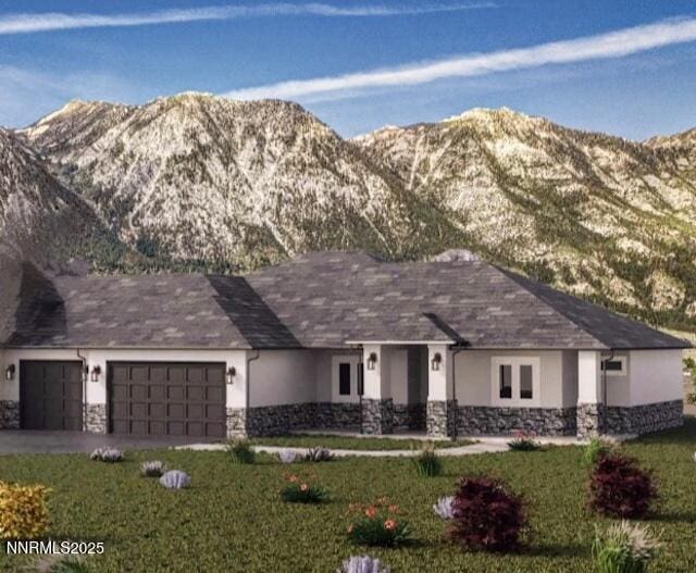 2769 Squires St, Minden, NV 89423 - view of front facade featuring stone siding, stucco siding, a garage, and a mountain view