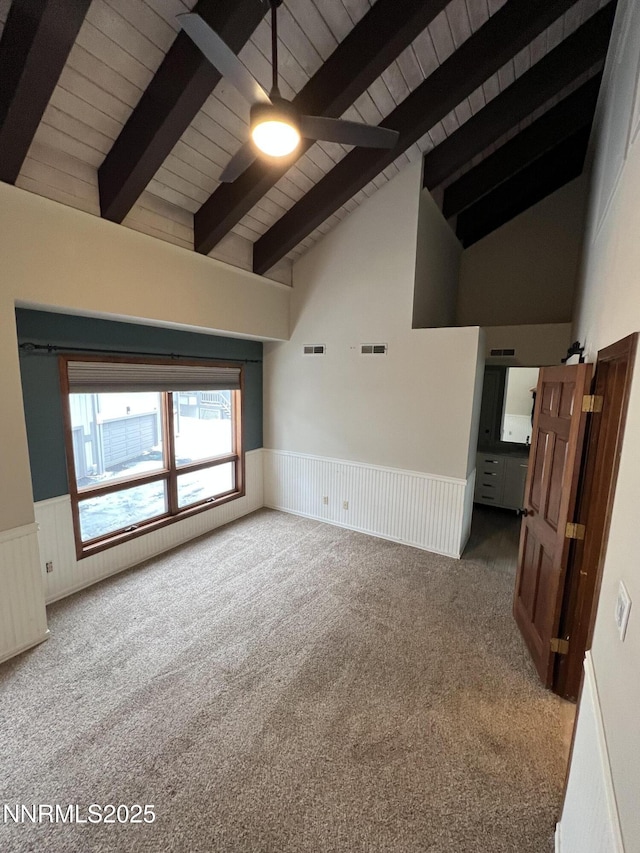908 Harold Dr Unit 23, Incline Village, NV 89451 - spare room featuring carpet flooring, a wood ceiling with exposed beams, radiator heating unit, a ceiling fan, and a wainscoted wall