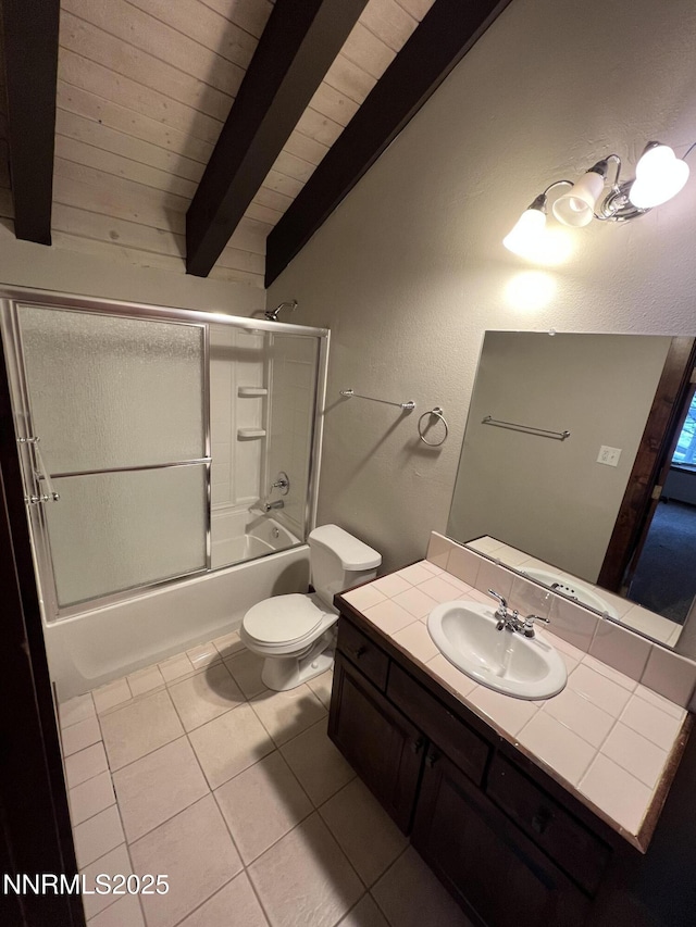 908 Harold Dr Unit 23, Incline Village, NV 89451 - full bath featuring beamed ceiling, tile patterned flooring, vanity, and combined bath / shower with glass door