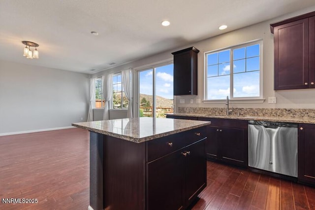 2720 Peavine Pines Ct, Reno, NV 89523 - kitchen featuring dishwasher, dark wood-style floors, a center island, light stone countertops, and recessed lighting