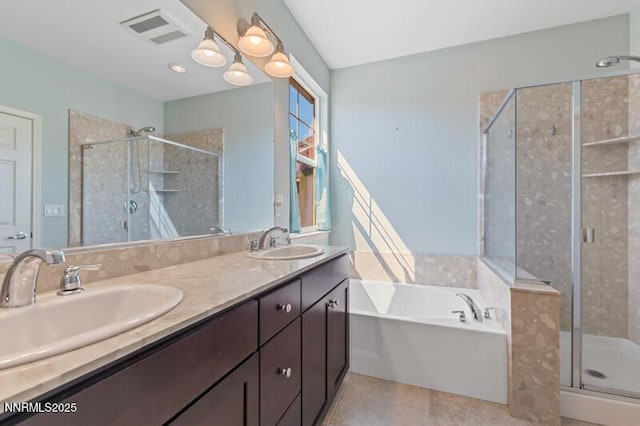 2720 Peavine Pines Ct, Reno, NV 89523 - bathroom with a bath, a stall shower, double vanity, and tile patterned flooring