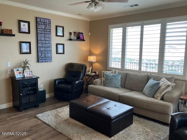 4073 Talladega Dr, Sparks, NV 89436 - living room with a ceiling fan, wood finished floors, and crown molding