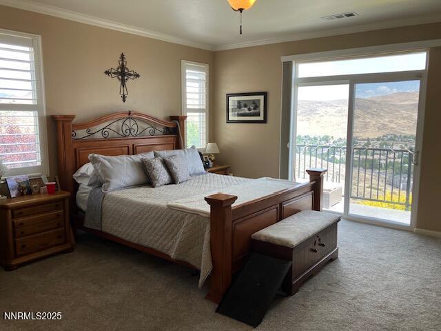 4073 Talladega Dr, Sparks, NV 89436 - carpeted bedroom featuring access to exterior and crown molding