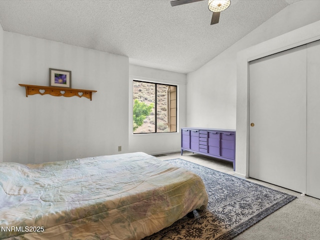4325 Leeward Ln, Reno, NV 89502 - bedroom with carpet floors, a textured ceiling, a ceiling fan, a closet, and vaulted ceiling