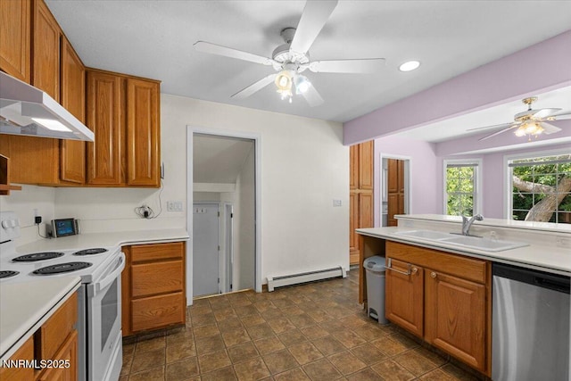7 Circle Dr, Carson City, NV 89703 - kitchen featuring stainless steel dishwasher, electric stove, a baseboard radiator, wall chimney exhaust hood, and brown cabinets