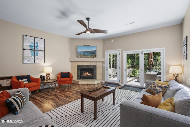 978 Glenrock Dr Unit 36, Incline Village, NV 89451 - living room featuring ceiling fan, wood finished floors, and a tiled fireplace