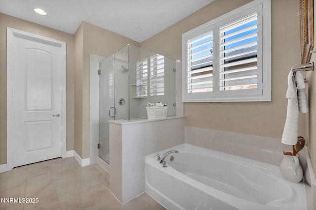 3579 Long Dr, Minden, NV 89423 - bathroom featuring a garden tub, a shower stall, and tile patterned flooring