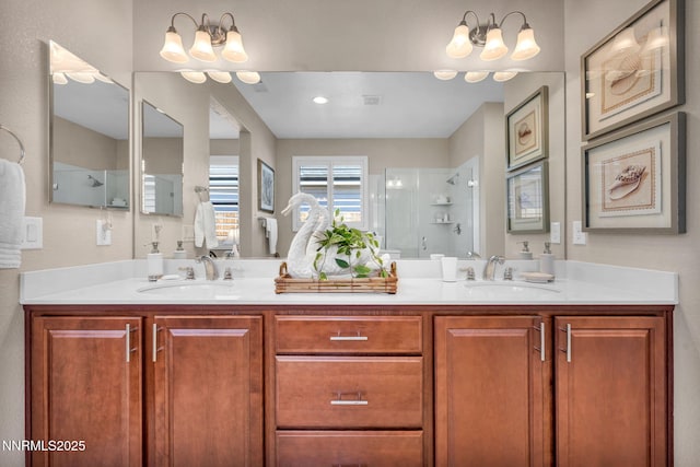 3579 Long Dr, Minden, NV 89423 - bathroom with a shower stall, double vanity, and a chandelier