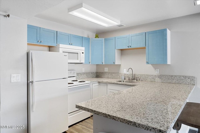 2555 Clear Acre Ln Apt 13, Reno, NV 89512 - kitchen with white appliances, blue cabinets, a peninsula, and a kitchen breakfast bar