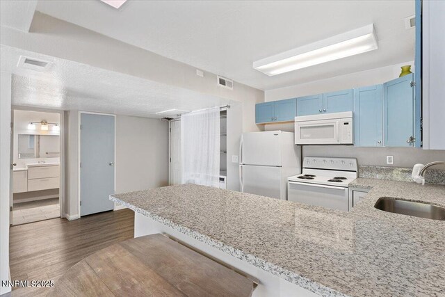 2555 Clear Acre Ln Apt 13, Reno, NV 89512 - kitchen with white appliances, blue cabinetry, dark wood-style floors, a peninsula, and light stone counters